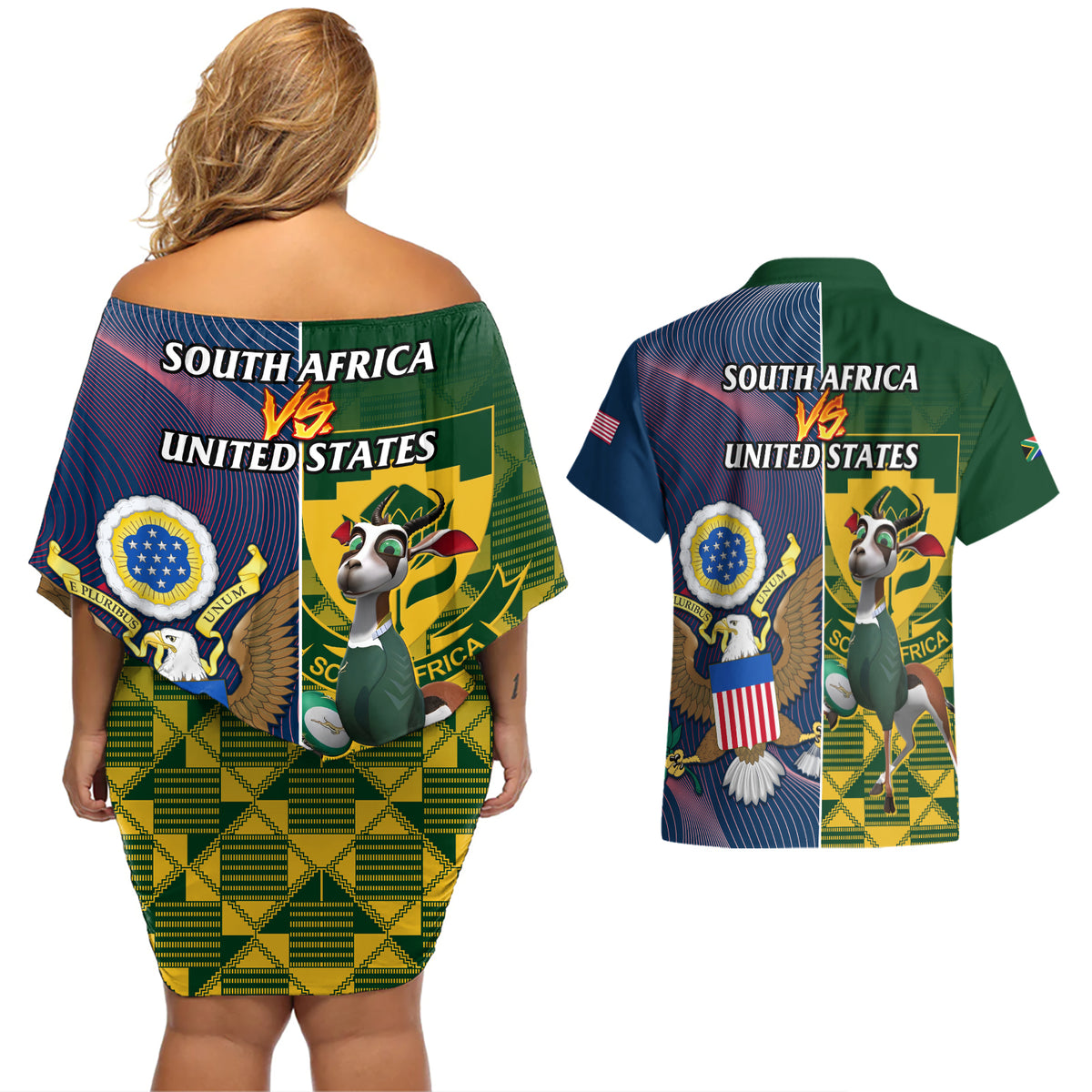 South Africa And United States Rugby Couples Matching Off Shoulder Short Dress and Hawaiian Shirt 2023 Springboks Combine Eagles - Wonder Print Shop