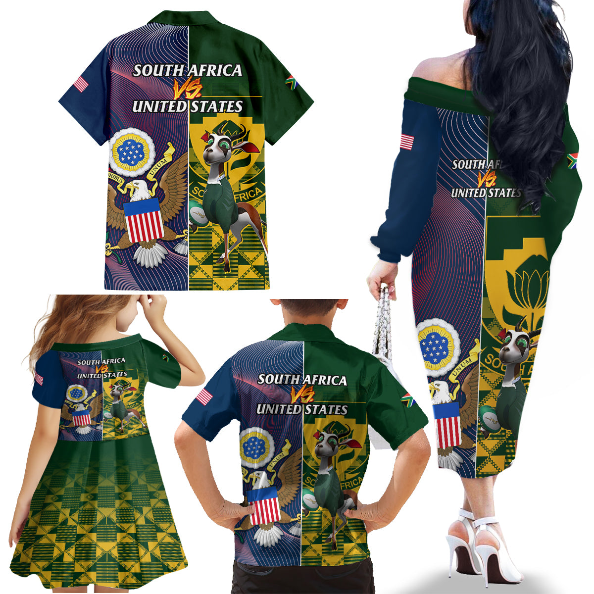 South Africa And United States Rugby Family Matching Off Shoulder Long Sleeve Dress and Hawaiian Shirt 2023 Springboks Combine Eagles - Wonder Print Shop