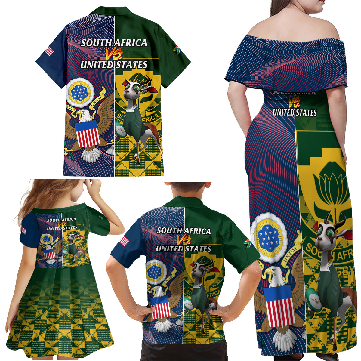 South Africa And United States Rugby Family Matching Off Shoulder Maxi Dress and Hawaiian Shirt 2023 Springboks Combine Eagles - Wonder Print Shop