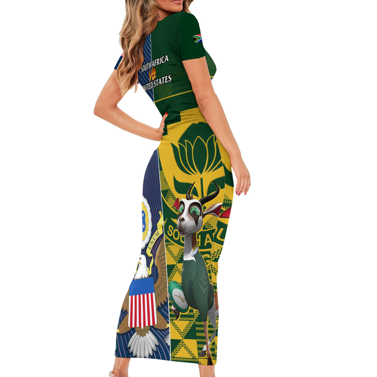 South Africa And United States Rugby Short Sleeve Bodycon Dress 2023 Springboks Combine Eagles - Wonder Print Shop
