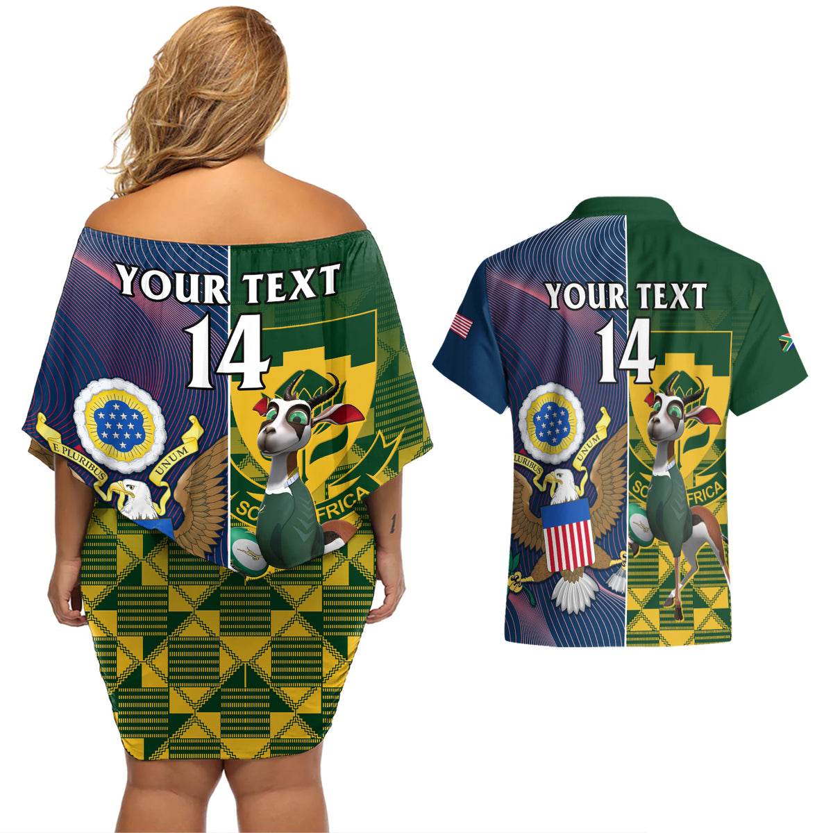 Custom South Africa And United States Rugby Couples Matching Off Shoulder Short Dress and Hawaiian Shirt 2023 Springboks Combine Eagles - Wonder Print Shop