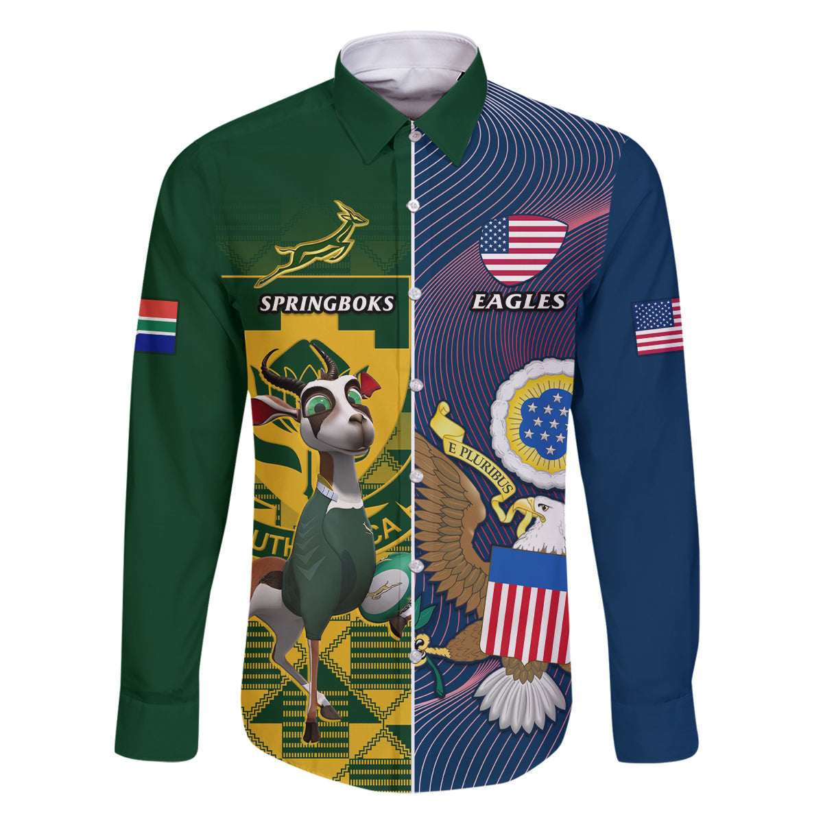 Custom South Africa And United States Rugby Family Matching Off Shoulder Short Dress and Hawaiian Shirt 2023 Springboks Combine Eagles - Wonder Print Shop