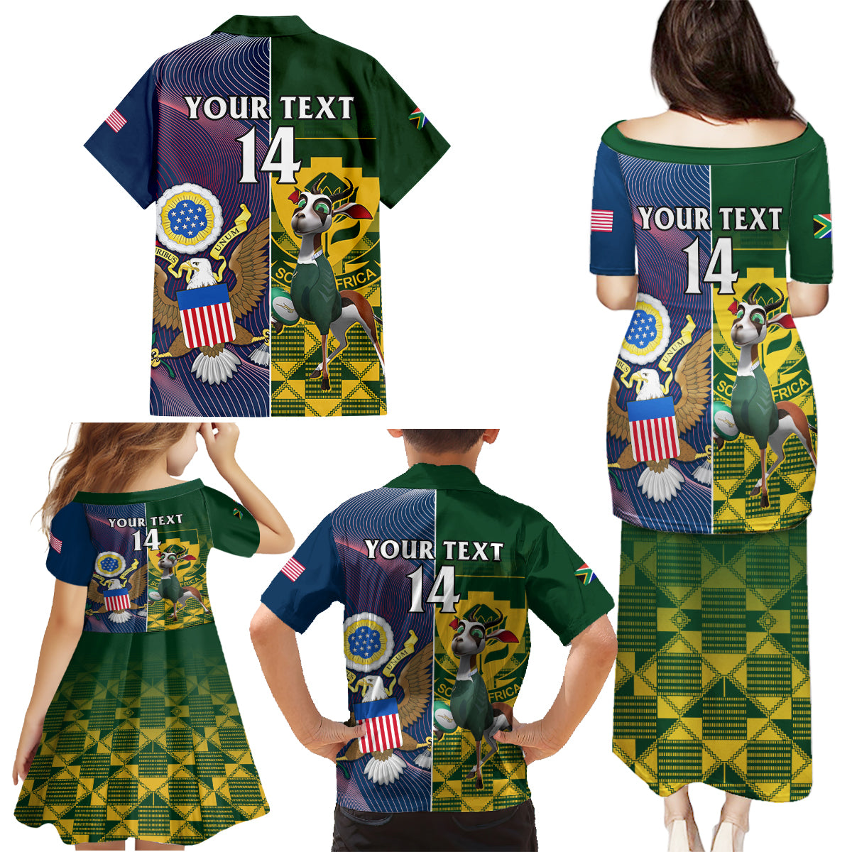 Custom South Africa And United States Rugby Family Matching Puletasi Dress and Hawaiian Shirt 2023 Springboks Combine Eagles - Wonder Print Shop