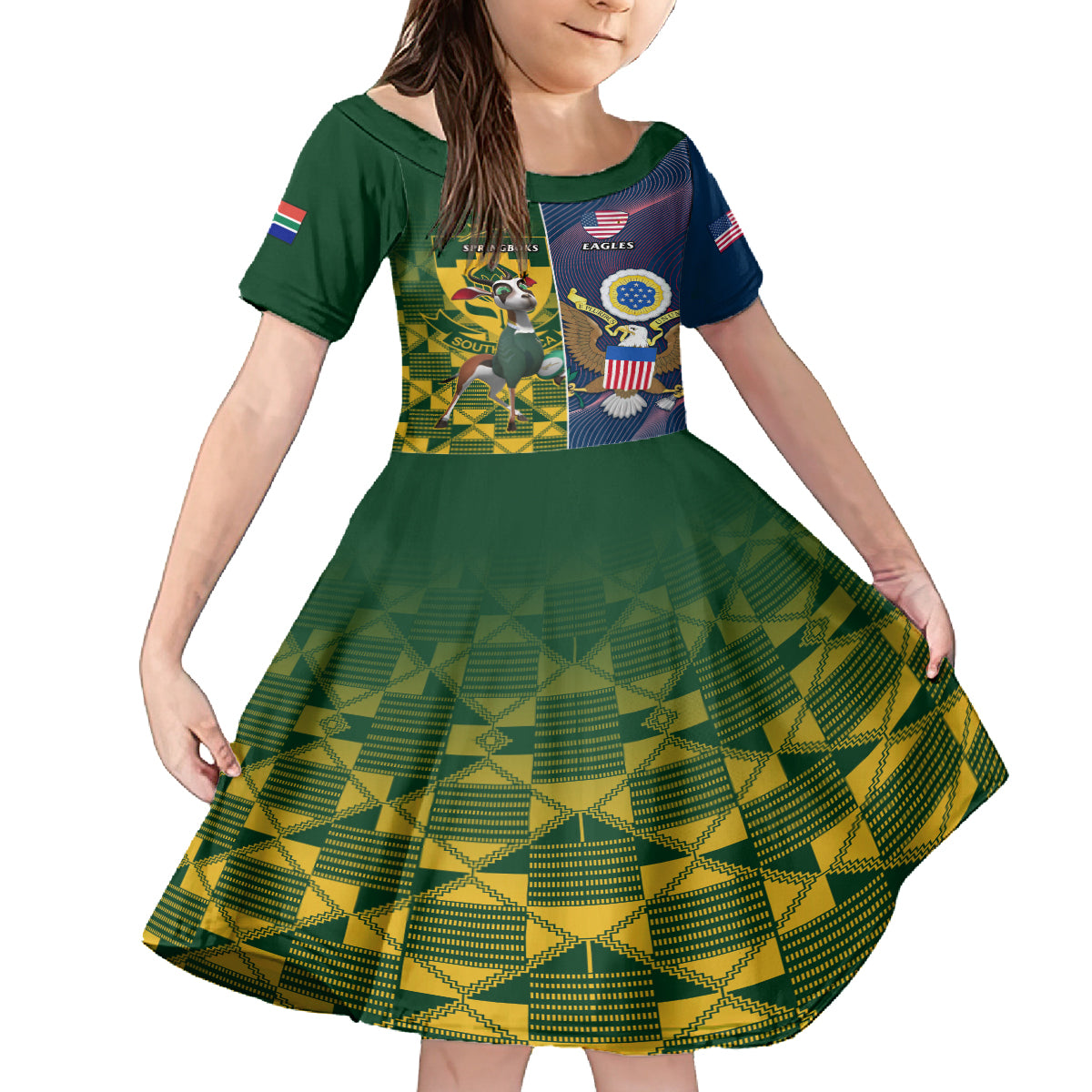 Custom South Africa And United States Rugby Kid Short Sleeve Dress 2023 Springboks Combine Eagles - Wonder Print Shop