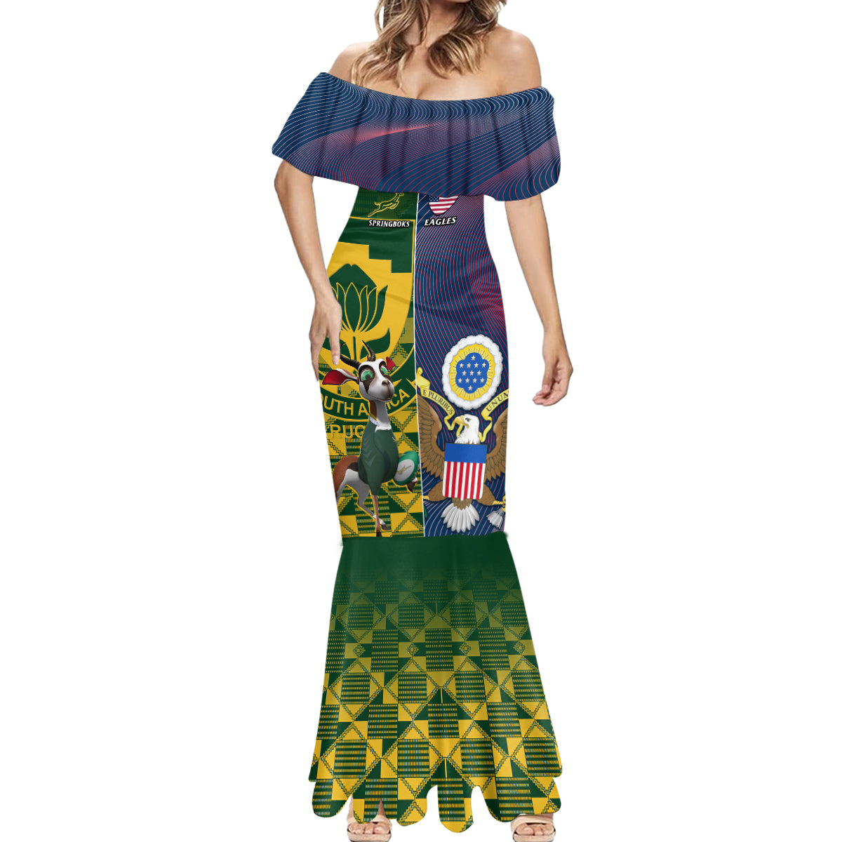 Custom South Africa And United States Rugby Mermaid Dress 2023 Springboks Combine Eagles - Wonder Print Shop