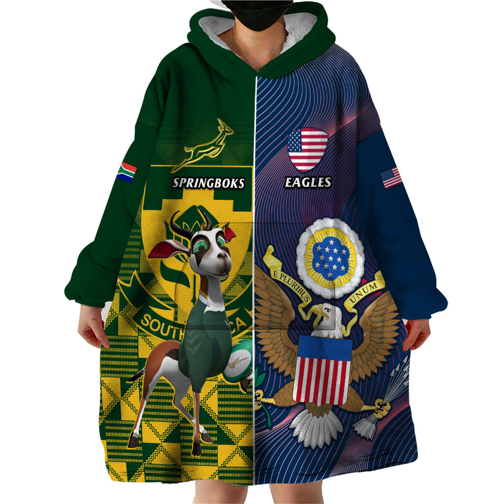 Custom South Africa And United States Rugby Wearable Blanket Hoodie 2023 Springboks Combine Eagles - Wonder Print Shop