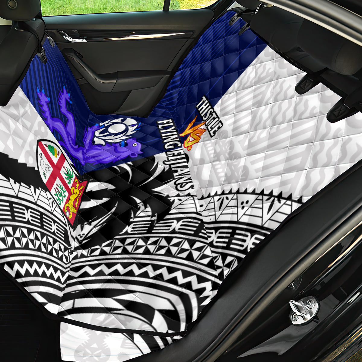 Fiji And Scotland Rugby Back Car Seat Cover Fijian Tapa Pattern With Thistle - Wonder Print Shop
