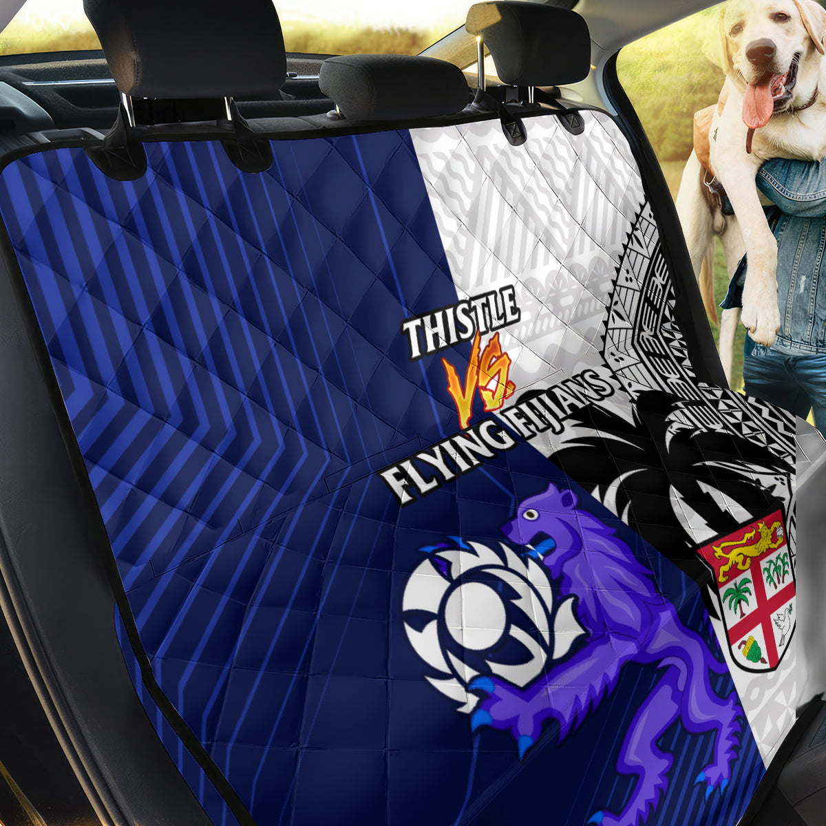 Fiji And Scotland Rugby Back Car Seat Cover Fijian Tapa Pattern With Thistle - Wonder Print Shop