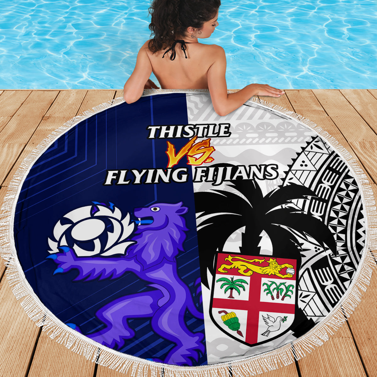 Fiji And Scotland Rugby Beach Blanket Fijian Tapa Pattern With Thistle - Wonder Print Shop
