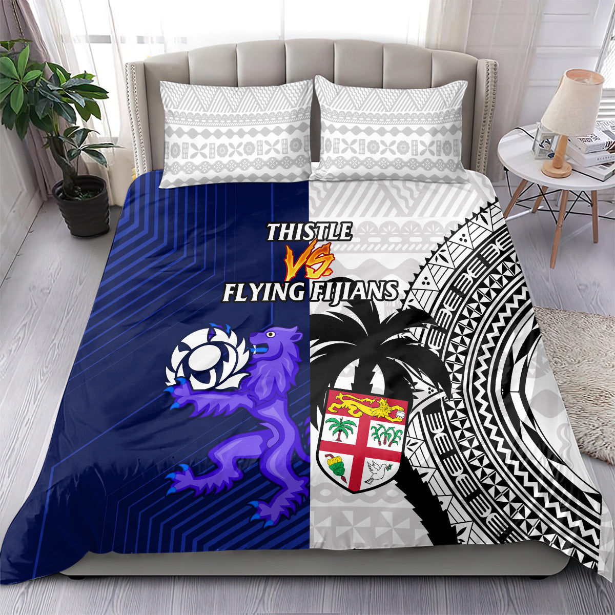 Fiji And Scotland Rugby Bedding Set Fijian Tapa Pattern With Thistle - Wonder Print Shop