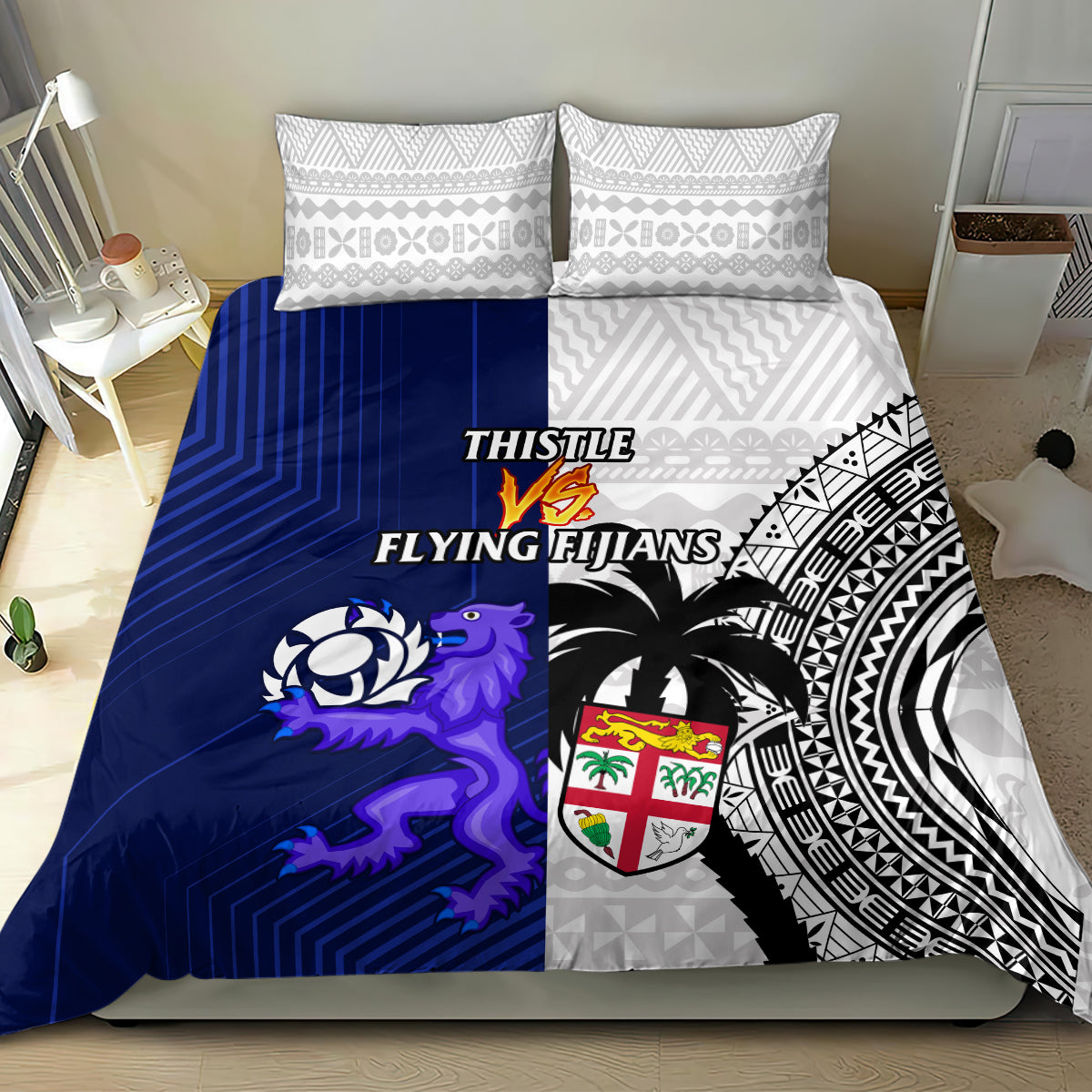 Fiji And Scotland Rugby Bedding Set Fijian Tapa Pattern With Thistle - Wonder Print Shop