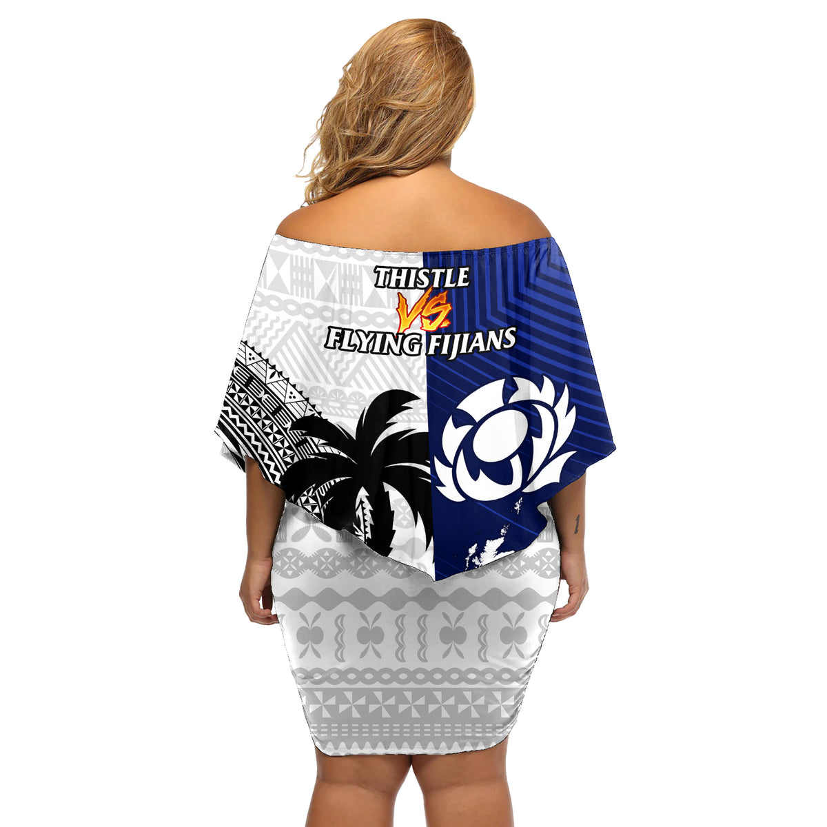 Fiji And Scotland Rugby Off Shoulder Short Dress Fijian Tapa Pattern With Thistle - Wonder Print Shop