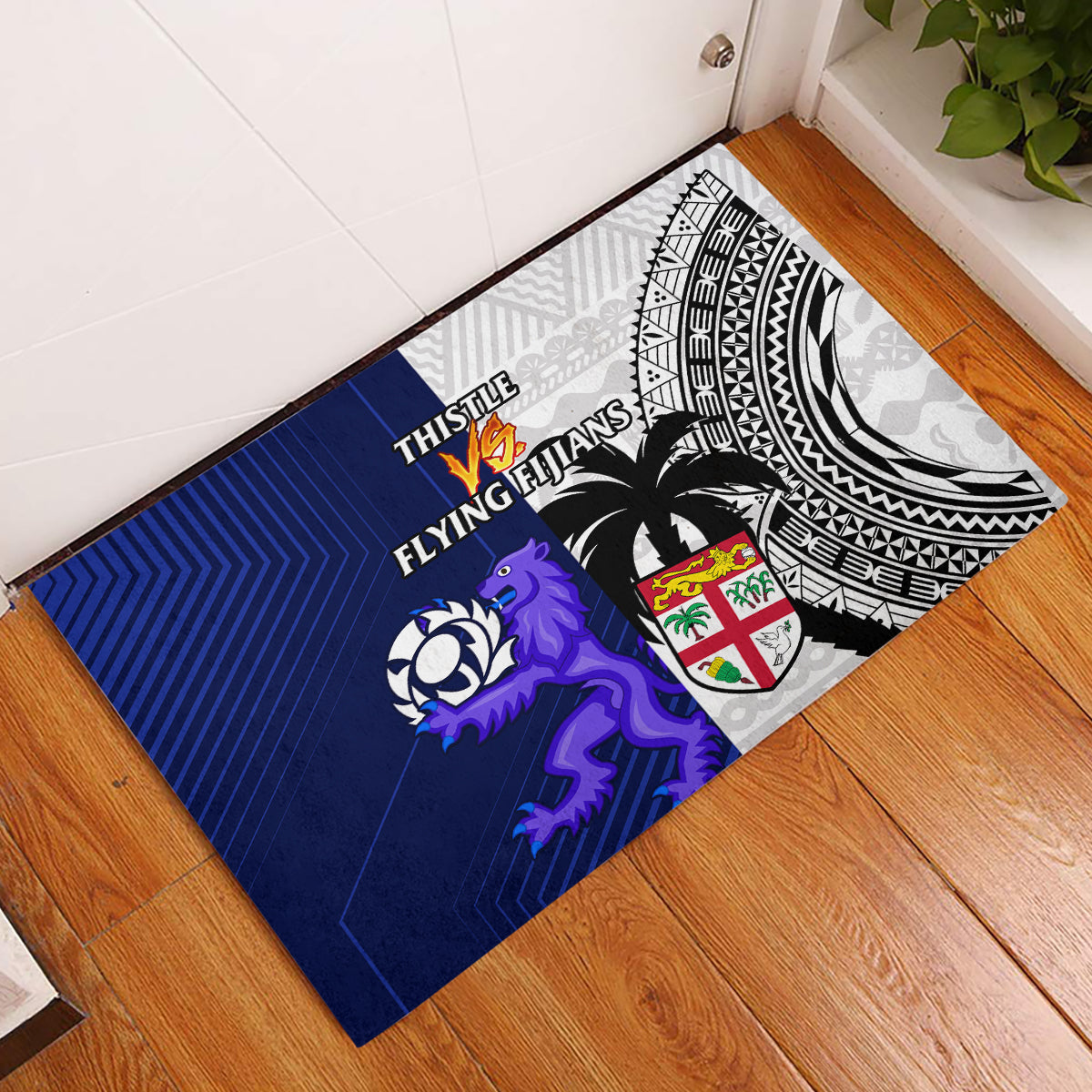 Fiji And Scotland Rugby Rubber Doormat Fijian Tapa Pattern With Thistle - Wonder Print Shop