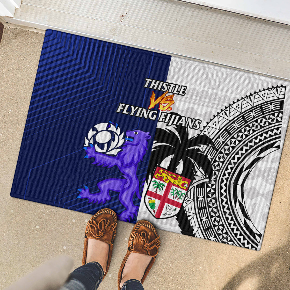 Fiji And Scotland Rugby Rubber Doormat Fijian Tapa Pattern With Thistle - Wonder Print Shop