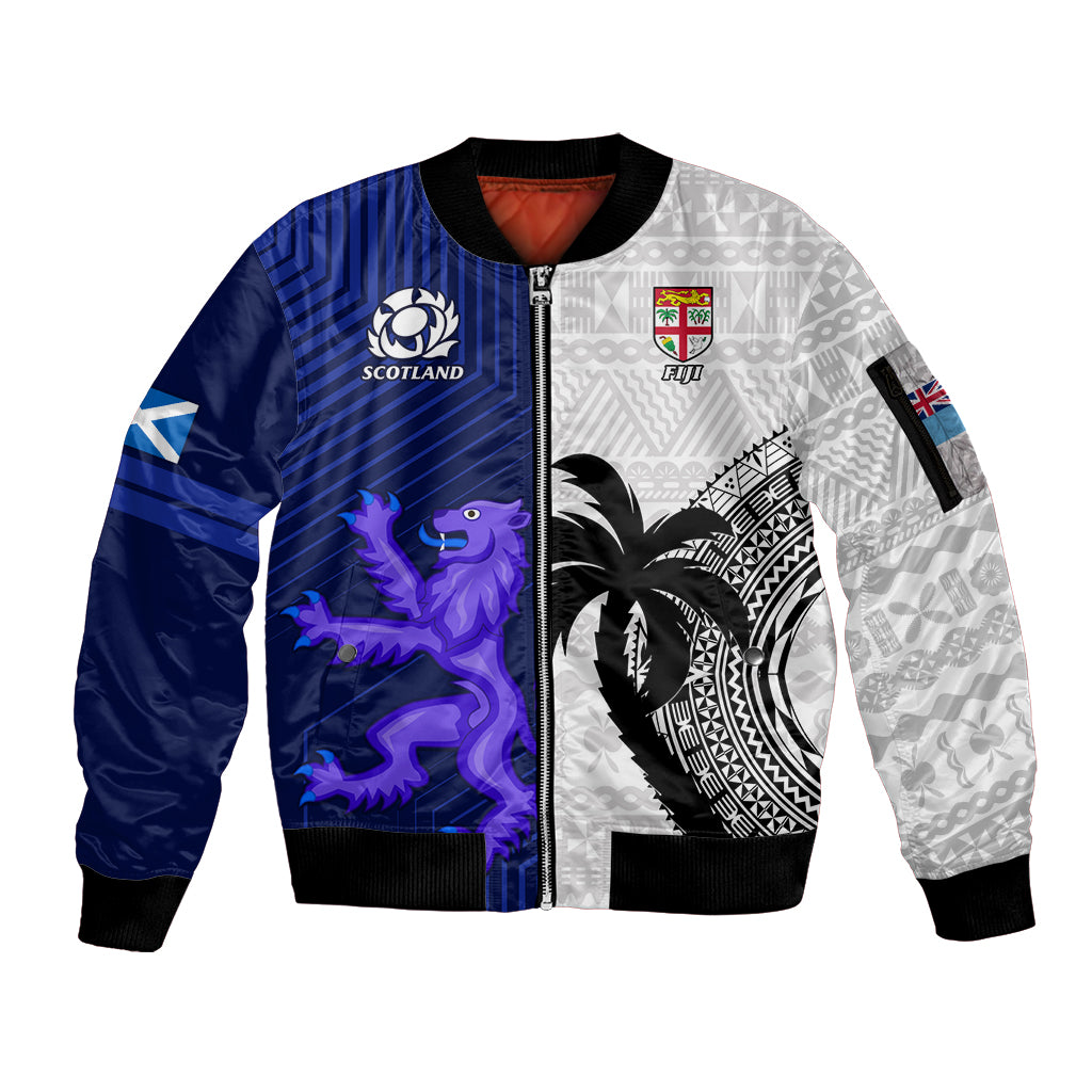 Fiji And Scotland Rugby Sleeve Zip Bomber Jacket Fijian Tapa Pattern With Thistle - Wonder Print Shop