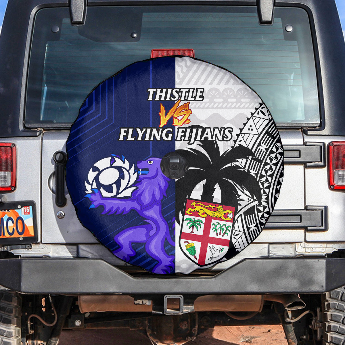 Fiji And Scotland Rugby Spare Tire Cover Fijian Tapa Pattern With Thistle - Wonder Print Shop