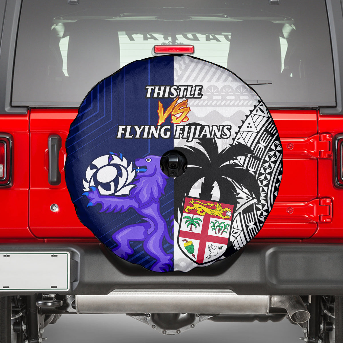 Fiji And Scotland Rugby Spare Tire Cover Fijian Tapa Pattern With Thistle - Wonder Print Shop