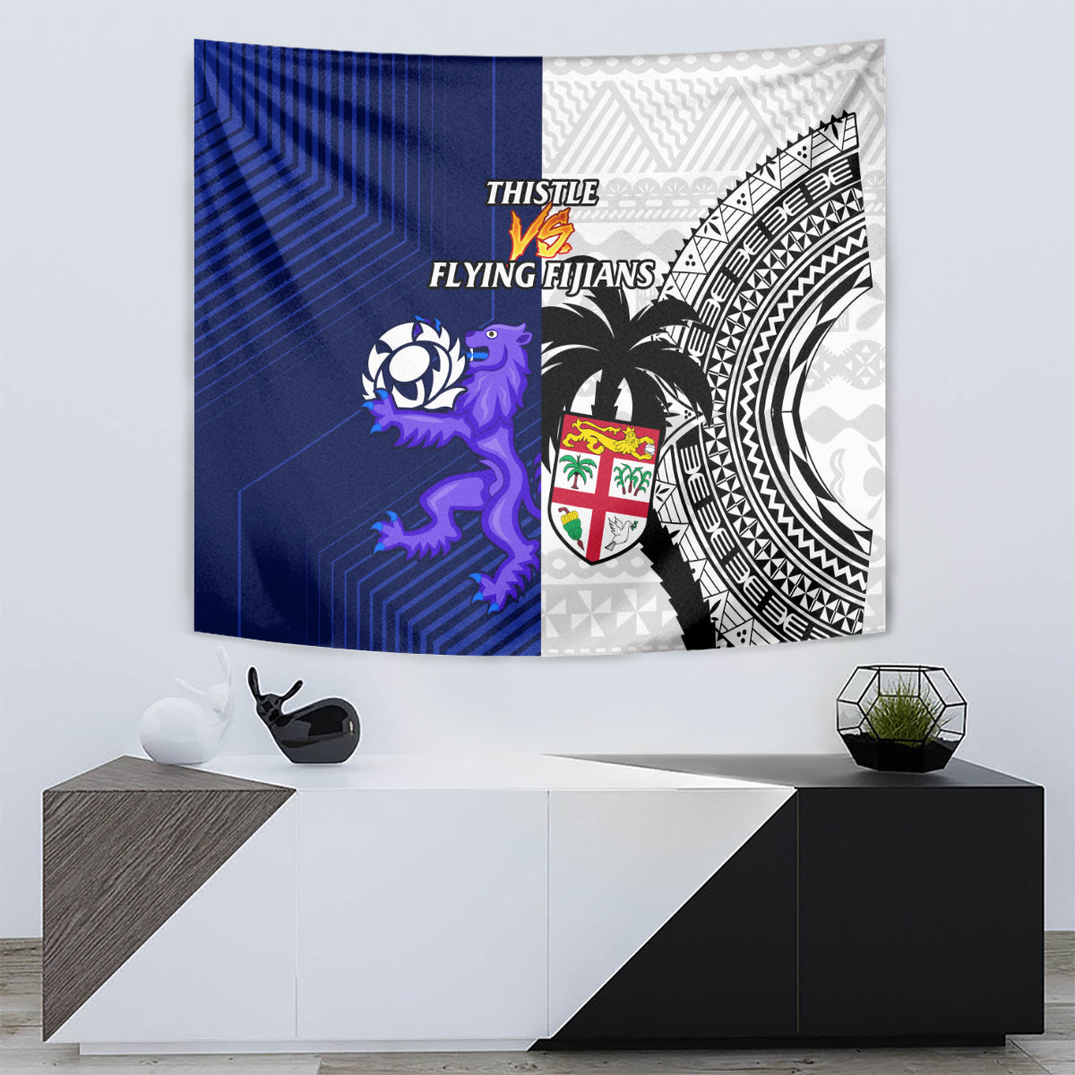 Fiji And Scotland Rugby Tapestry Fijian Tapa Pattern With Thistle - Wonder Print Shop