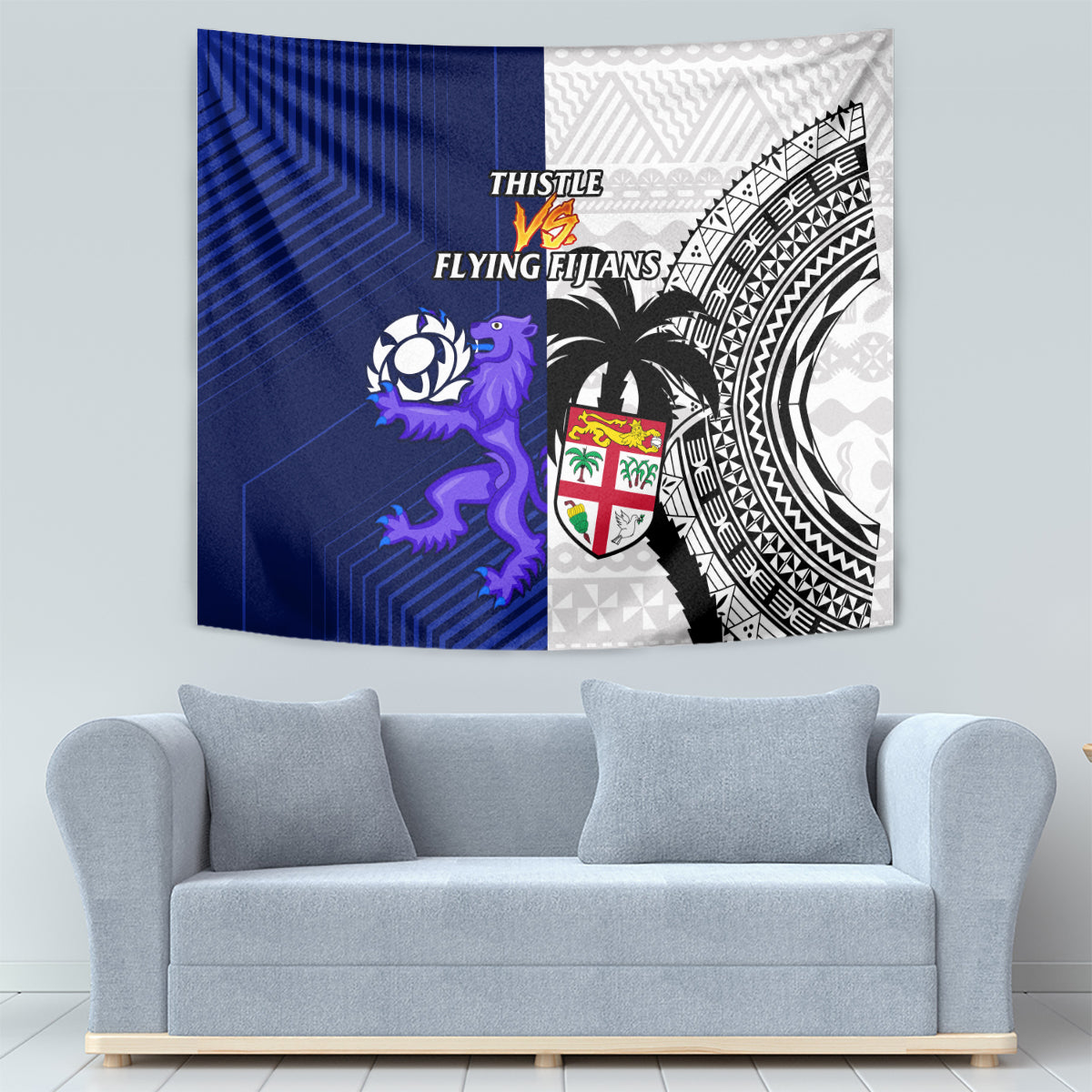Fiji And Scotland Rugby Tapestry Fijian Tapa Pattern With Thistle - Wonder Print Shop