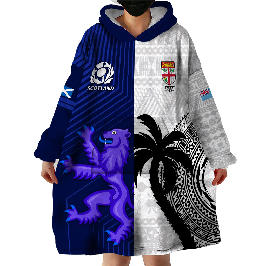 Fiji And Scotland Rugby Wearable Blanket Hoodie Fijian Tapa Pattern With Thistle - Wonder Print Shop