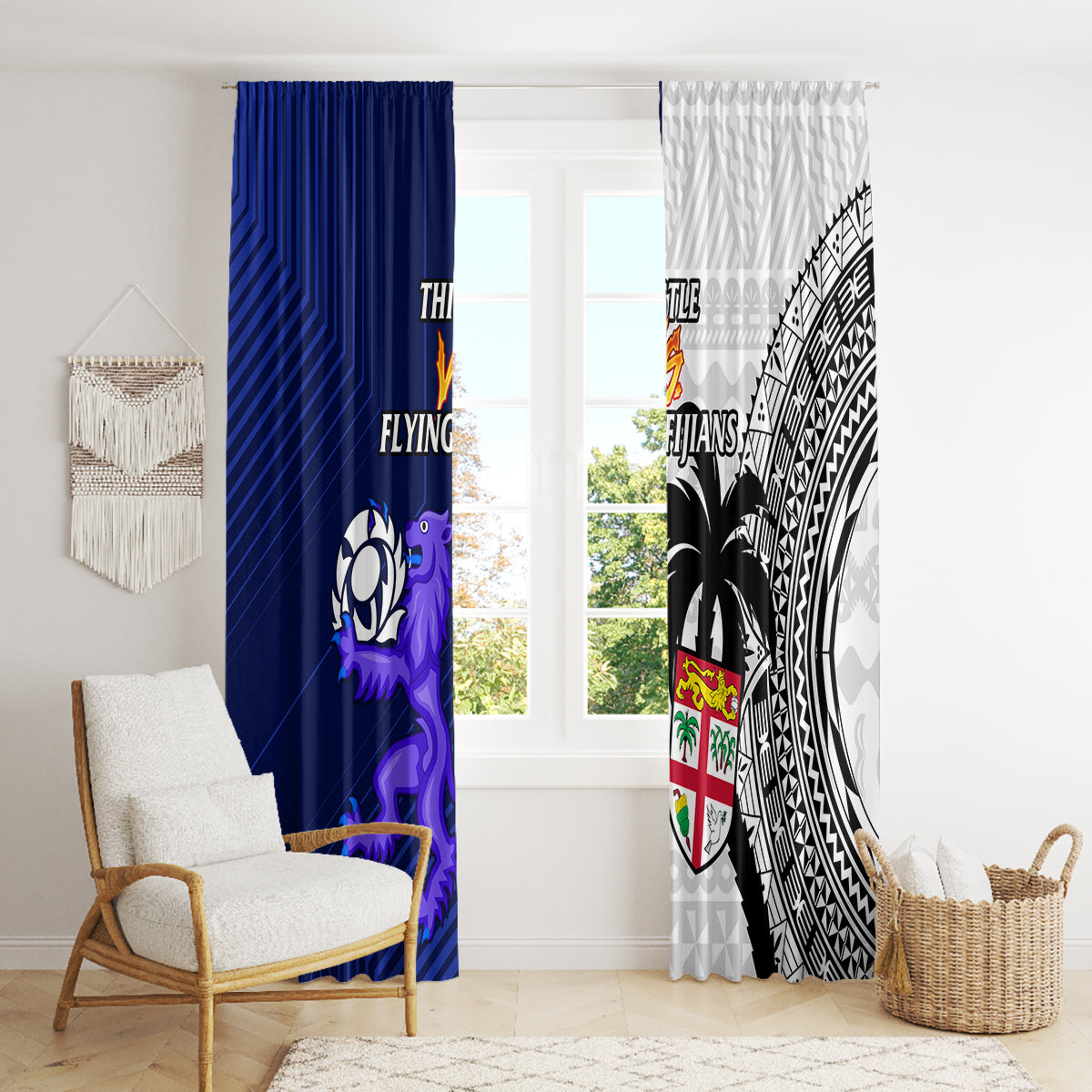 Fiji And Scotland Rugby Window Curtain Fijian Tapa Pattern With Thistle - Wonder Print Shop