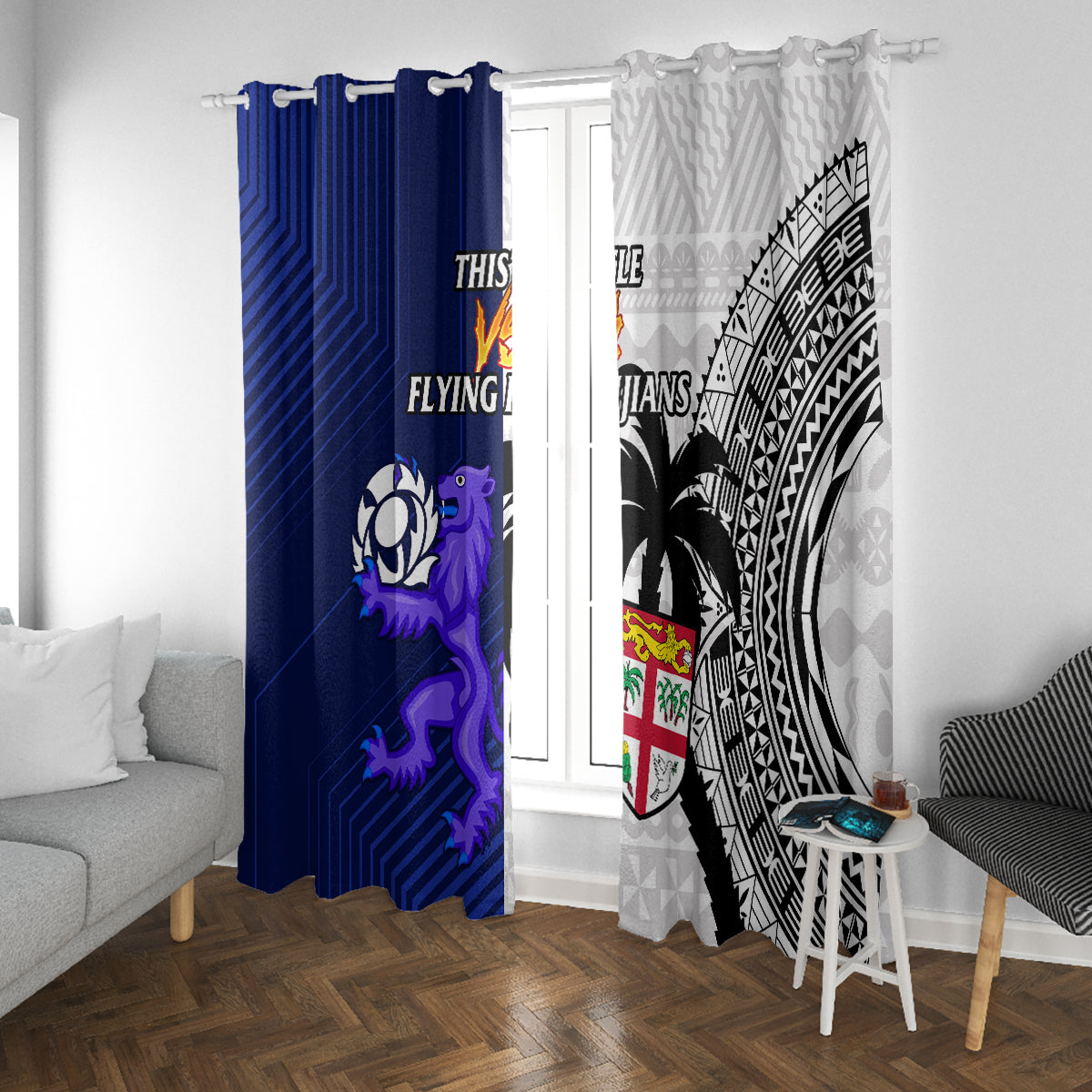 Fiji And Scotland Rugby Window Curtain Fijian Tapa Pattern With Thistle - Wonder Print Shop