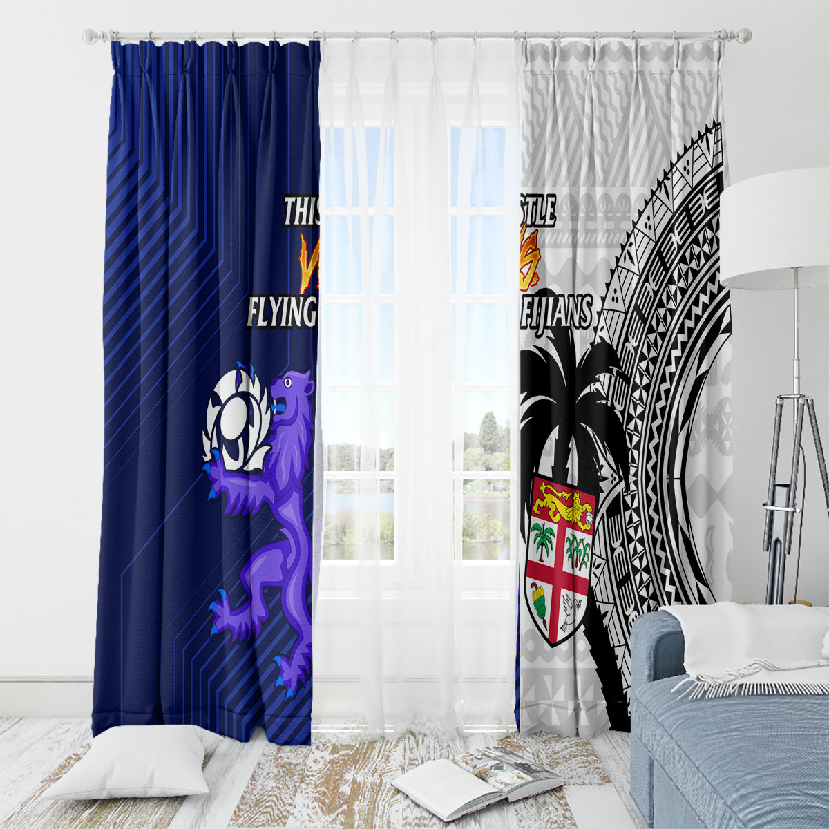 Fiji And Scotland Rugby Window Curtain Fijian Tapa Pattern With Thistle - Wonder Print Shop