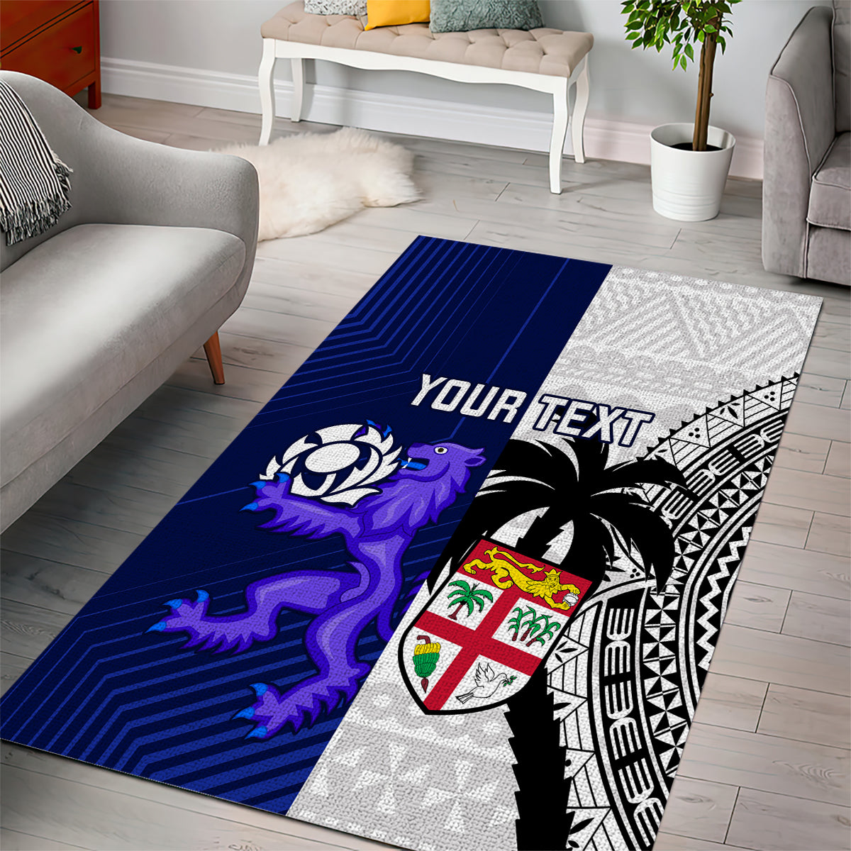 Custom Fiji And Scotland Rugby Area Rug Fijian Tapa Pattern With Thistle - Wonder Print Shop