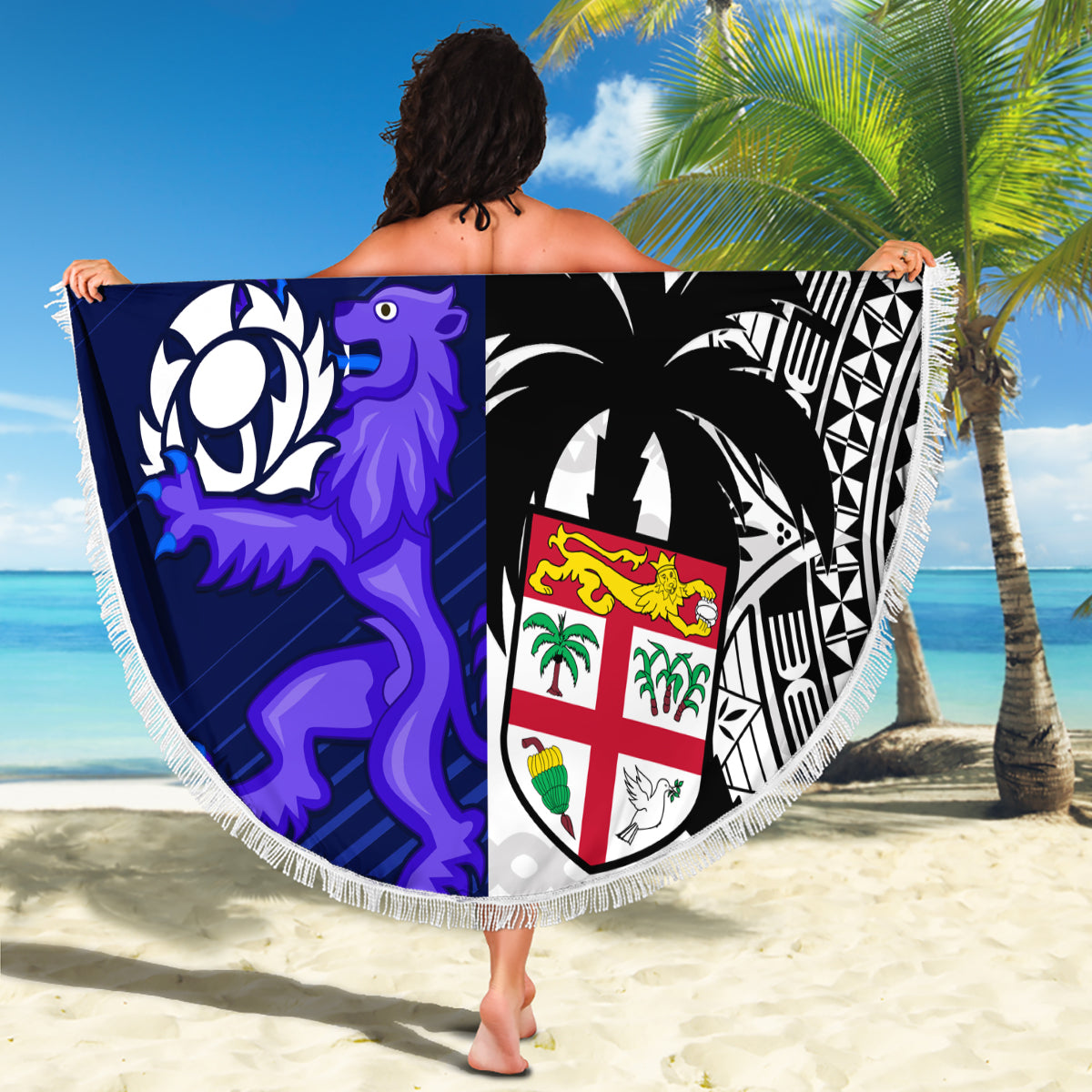 Custom Fiji And Scotland Rugby Beach Blanket Fijian Tapa Pattern With Thistle - Wonder Print Shop