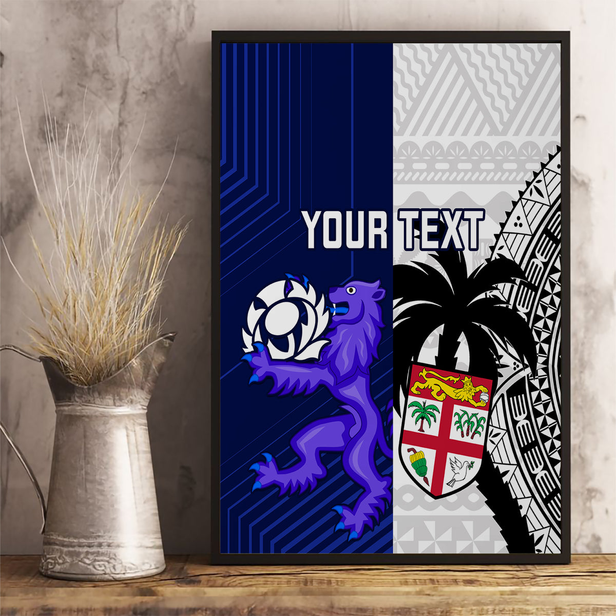 Custom Fiji And Scotland Rugby Canvas Wall Art Fijian Tapa Pattern With Thistle - Wonder Print Shop