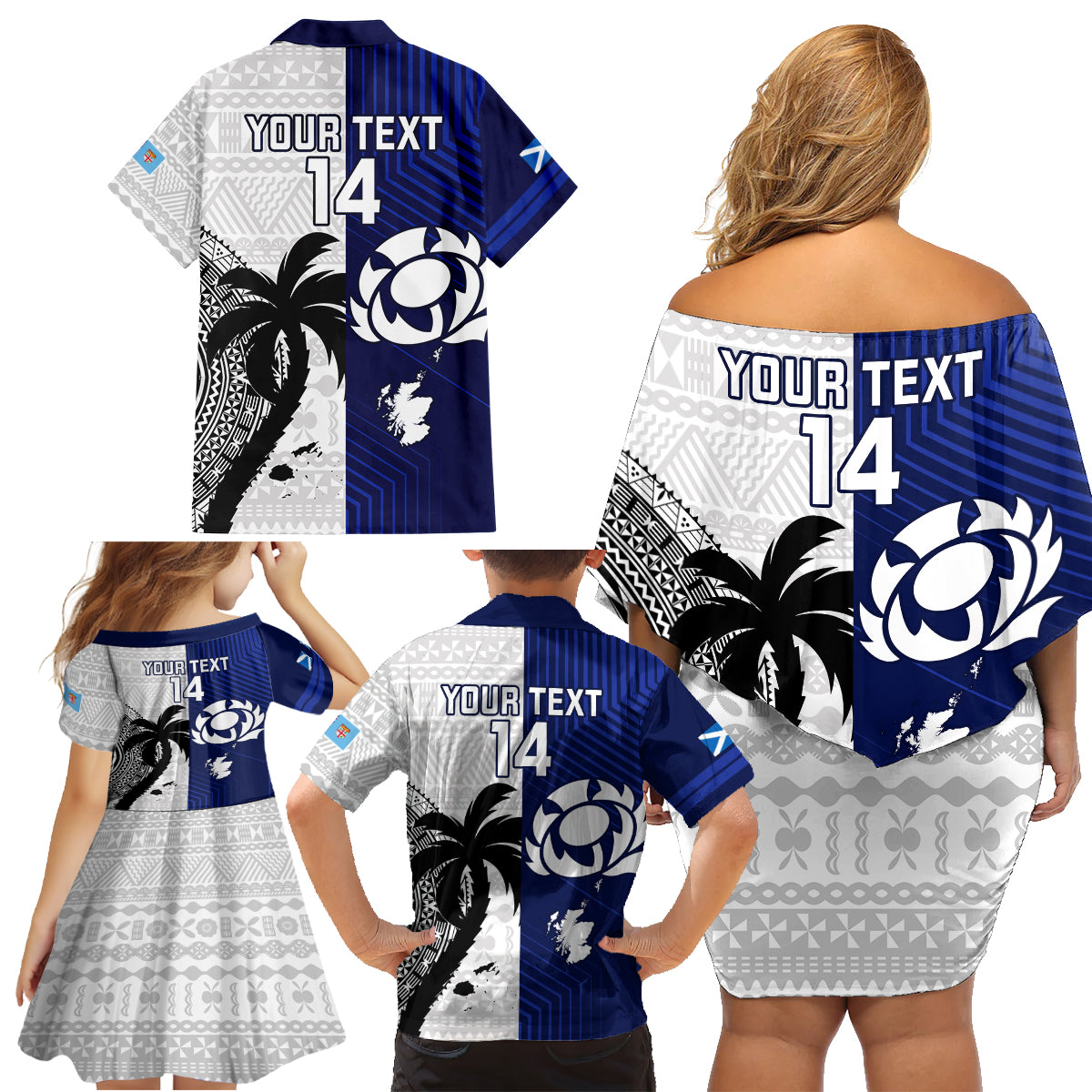 Custom Fiji And Scotland Rugby Family Matching Off Shoulder Short Dress and Hawaiian Shirt Fijian Tapa Pattern With Thistle - Wonder Print Shop