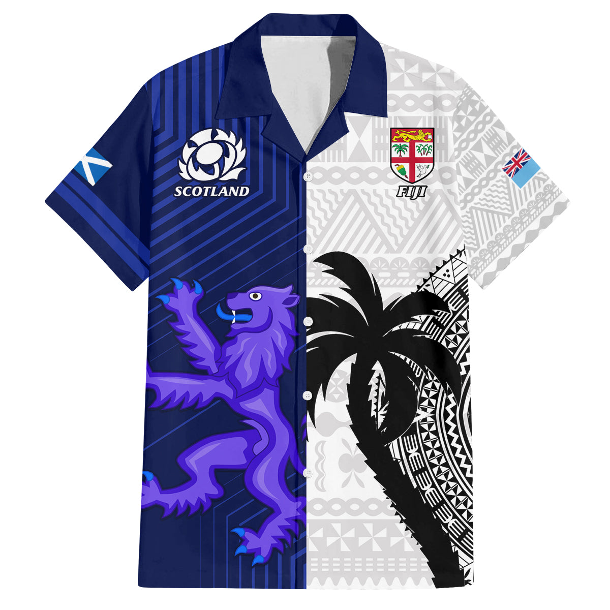 Custom Fiji And Scotland Rugby Family Matching Off Shoulder Short Dress and Hawaiian Shirt Fijian Tapa Pattern With Thistle - Wonder Print Shop