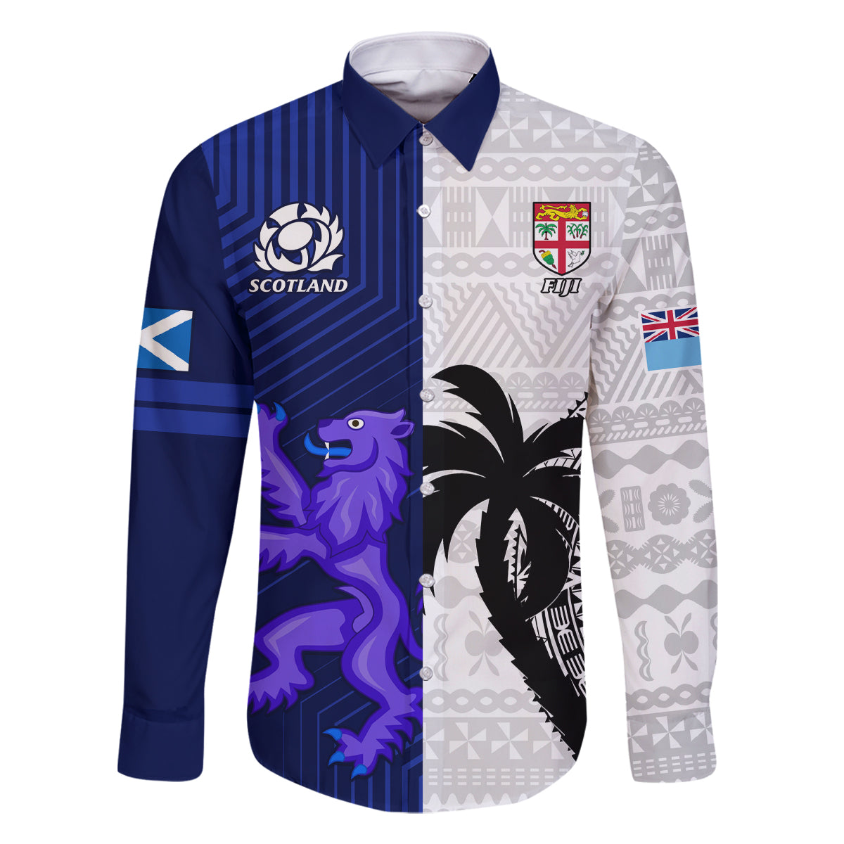 Custom Fiji And Scotland Rugby Family Matching Off Shoulder Short Dress and Hawaiian Shirt Fijian Tapa Pattern With Thistle - Wonder Print Shop