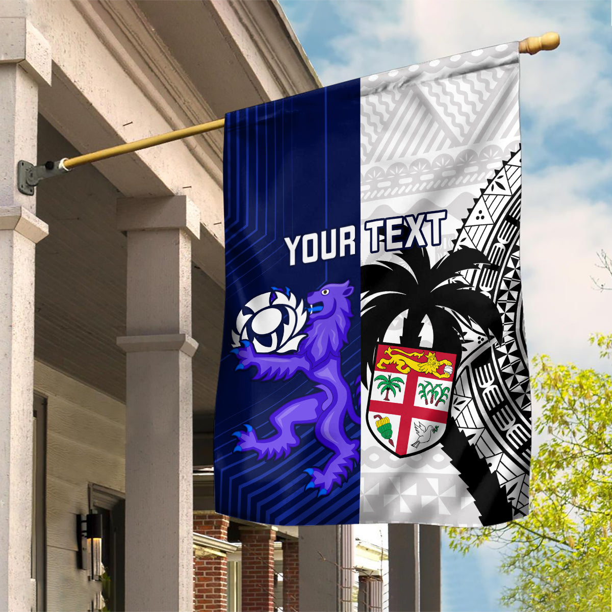 Custom Fiji And Scotland Rugby Garden Flag Fijian Tapa Pattern With Thistle - Wonder Print Shop