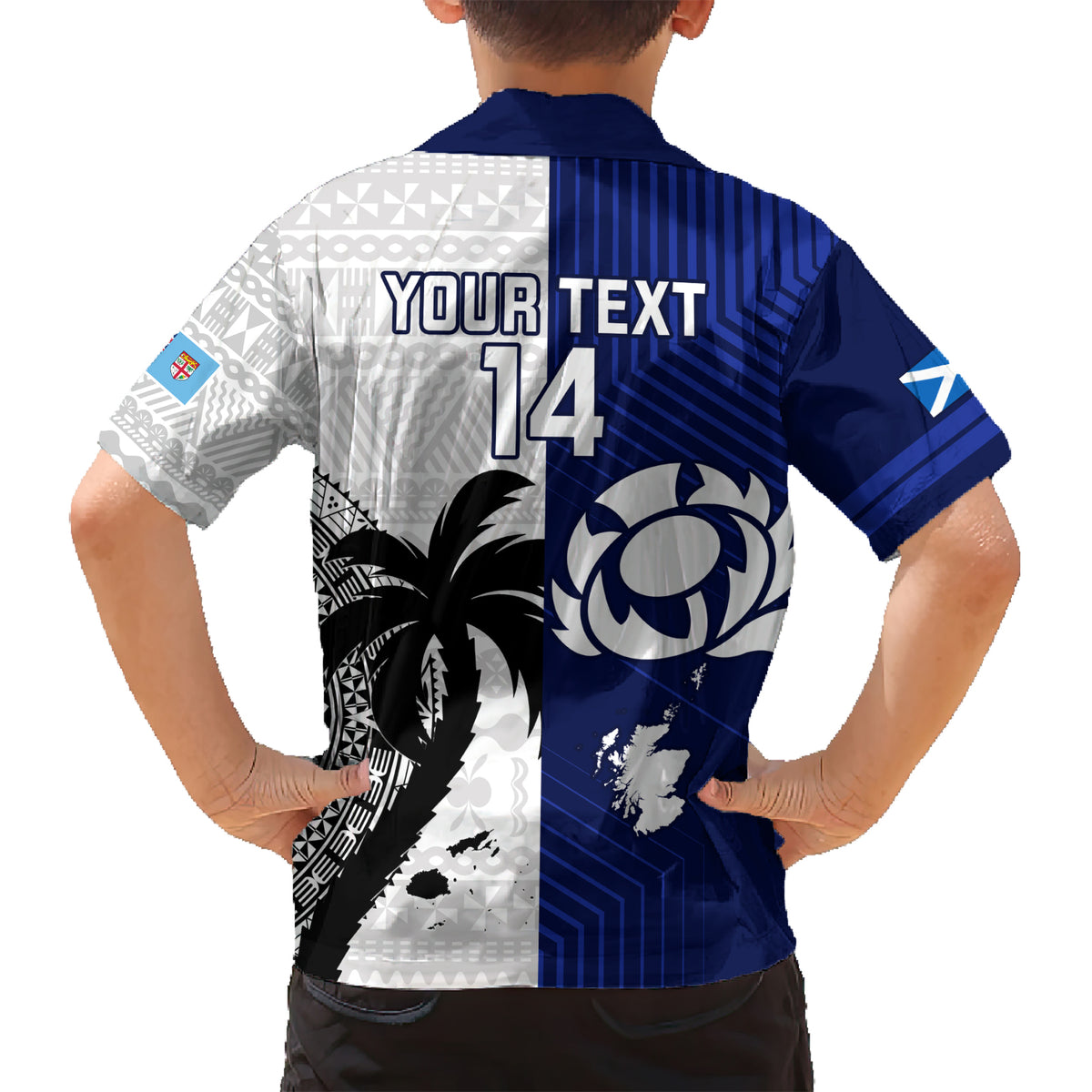 Custom Fiji And Scotland Rugby Kid Hawaiian Shirt Fijian Tapa Pattern With Thistle - Wonder Print Shop