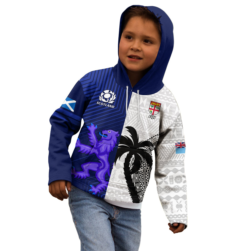Custom Fiji And Scotland Rugby Kid Hoodie Fijian Tapa Pattern With Thistle - Wonder Print Shop