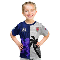 Custom Fiji And Scotland Rugby Kid T Shirt Fijian Tapa Pattern With Thistle - Wonder Print Shop