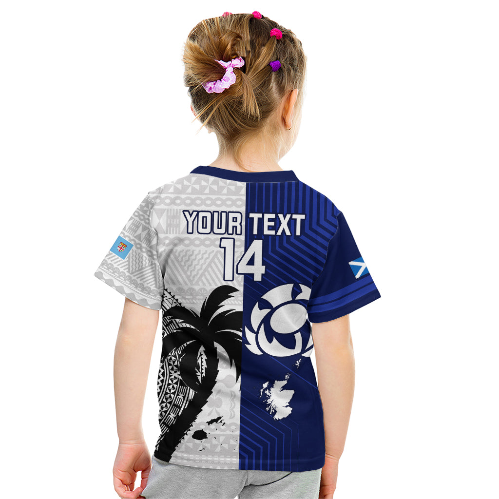 Custom Fiji And Scotland Rugby Kid T Shirt Fijian Tapa Pattern With Thistle - Wonder Print Shop
