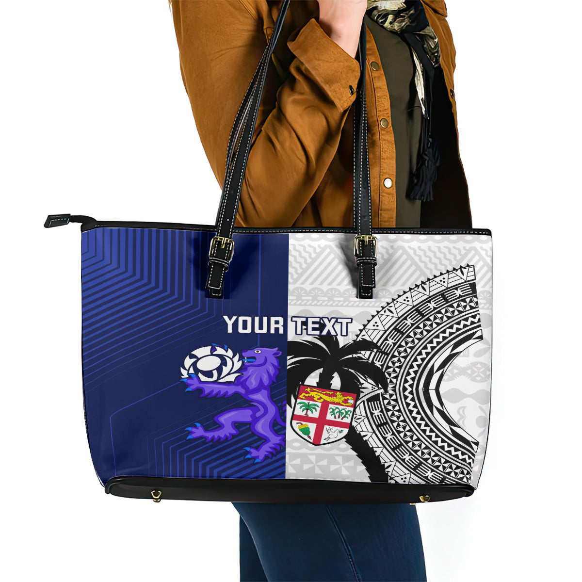 Custom Fiji And Scotland Rugby Leather Tote Bag Fijian Tapa Pattern With Thistle - Wonder Print Shop