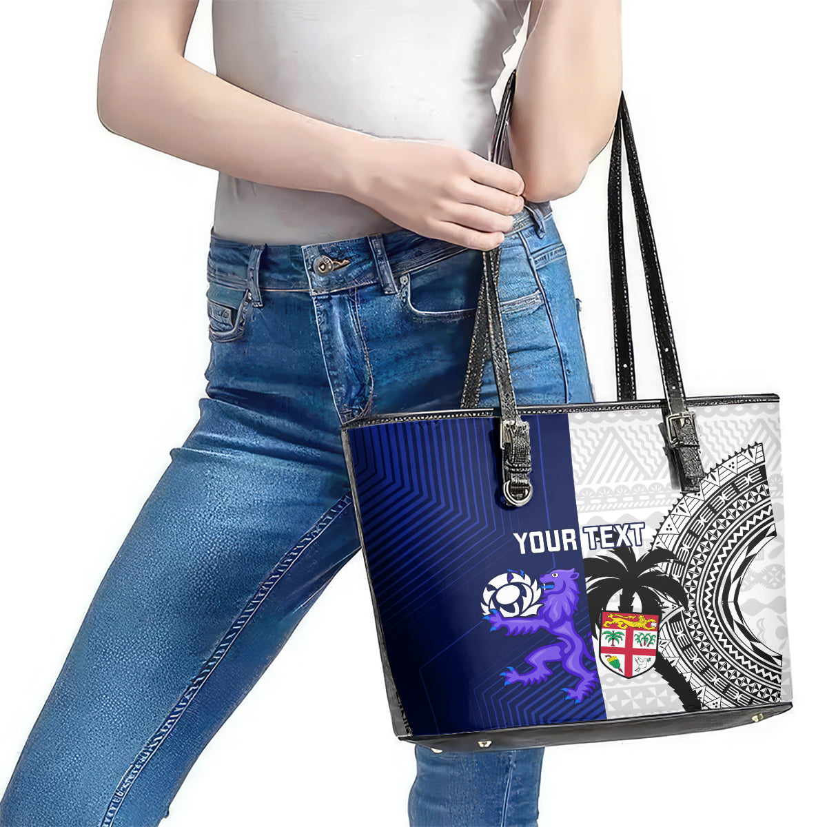 Custom Fiji And Scotland Rugby Leather Tote Bag Fijian Tapa Pattern With Thistle - Wonder Print Shop