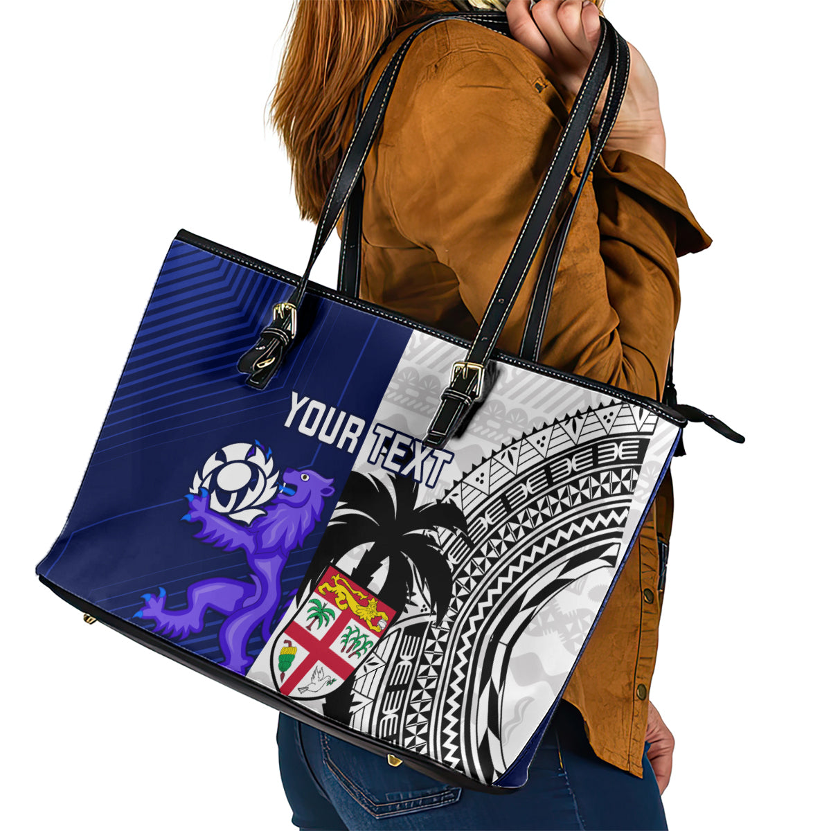 Custom Fiji And Scotland Rugby Leather Tote Bag Fijian Tapa Pattern With Thistle - Wonder Print Shop