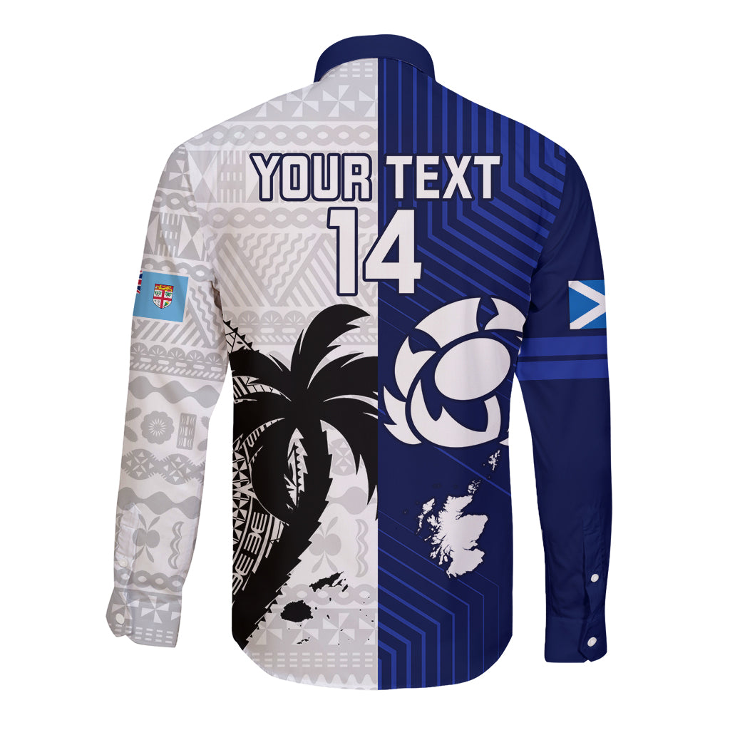Custom Fiji And Scotland Rugby Long Sleeve Button Shirt Fijian Tapa Pattern With Thistle - Wonder Print Shop