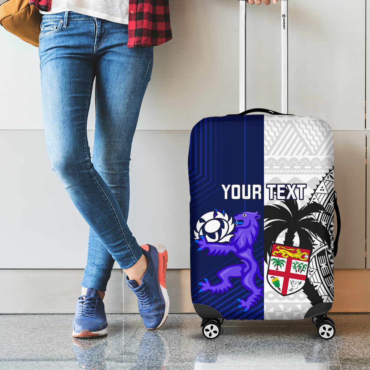 Custom Fiji And Scotland Rugby Luggage Cover Fijian Tapa Pattern With Thistle - Wonder Print Shop