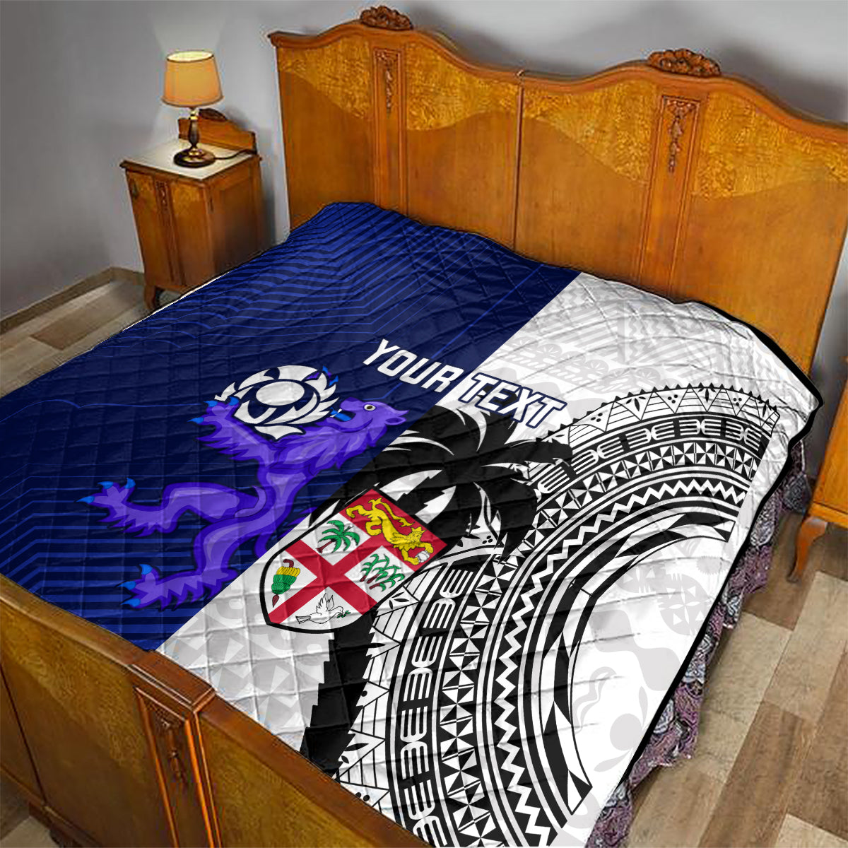 Custom Fiji And Scotland Rugby Quilt Fijian Tapa Pattern With Thistle - Wonder Print Shop