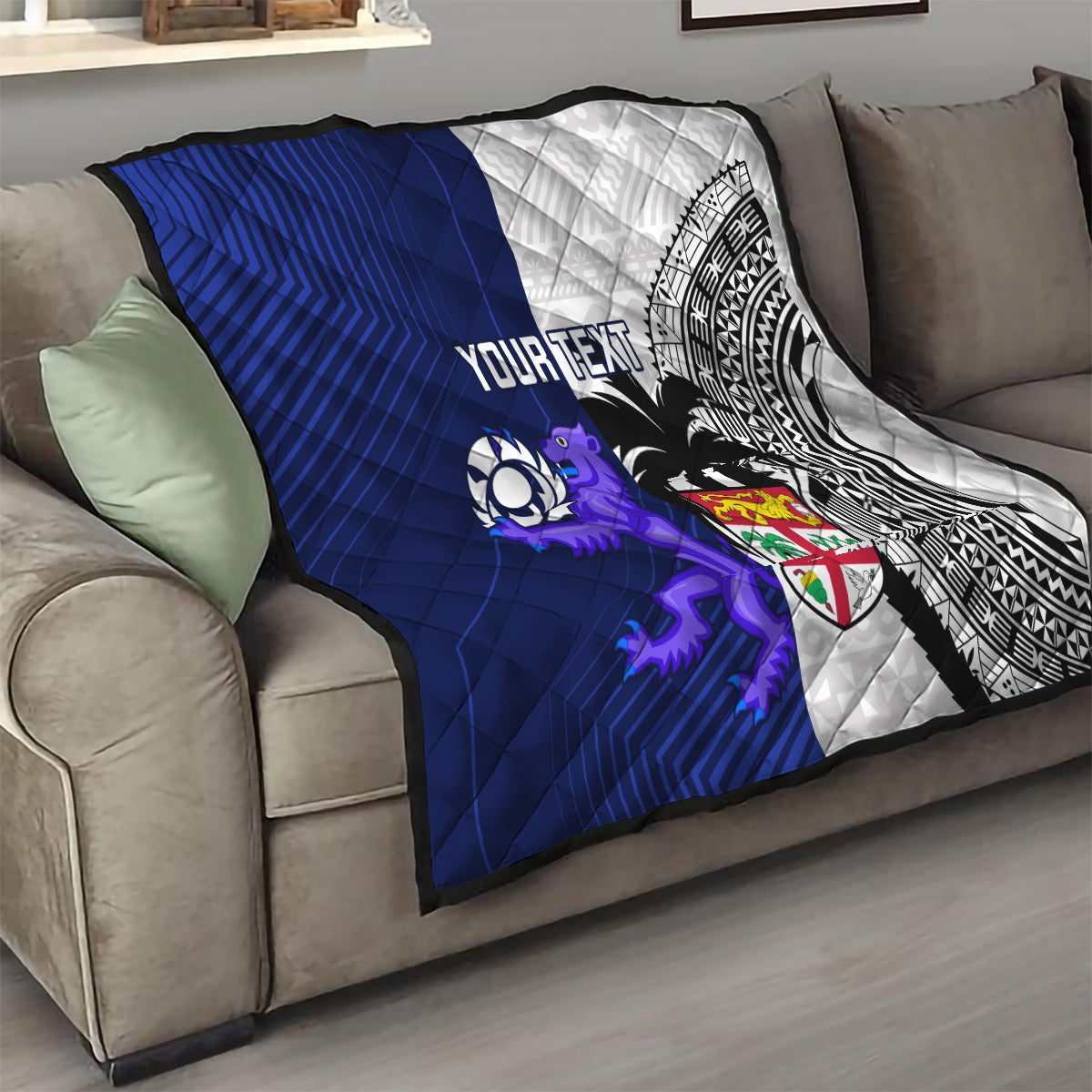Custom Fiji And Scotland Rugby Quilt Fijian Tapa Pattern With Thistle - Wonder Print Shop