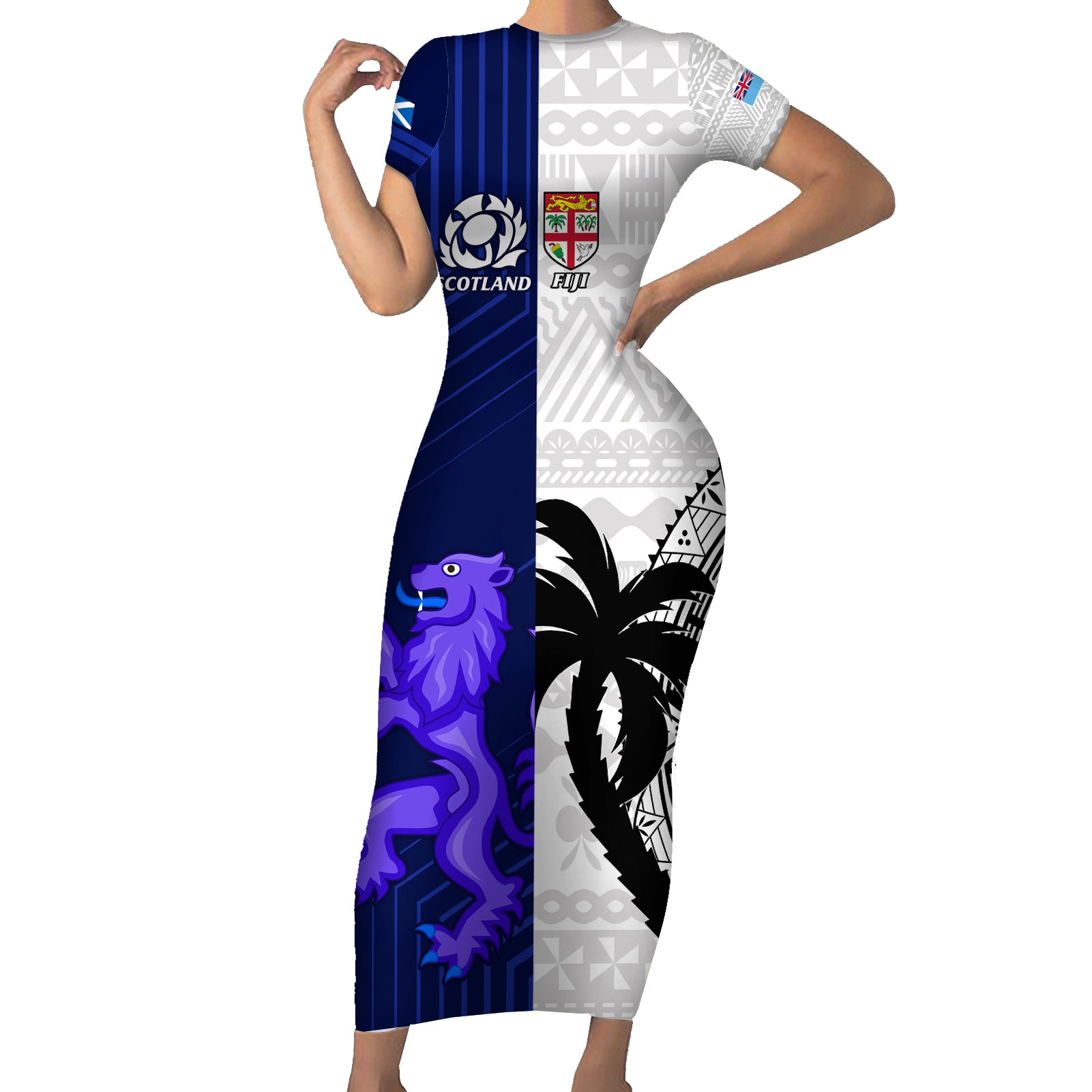 Custom Fiji And Scotland Rugby Short Sleeve Bodycon Dress Fijian Tapa Pattern With Thistle - Wonder Print Shop
