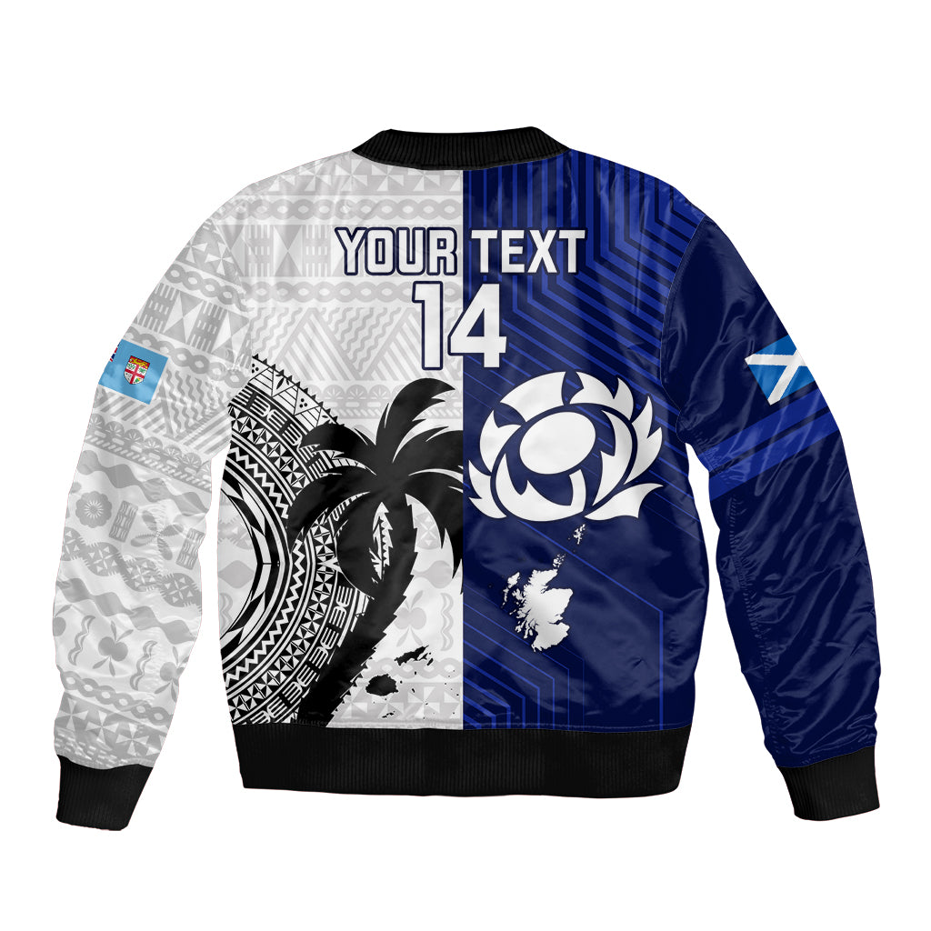 Custom Fiji And Scotland Rugby Sleeve Zip Bomber Jacket Fijian Tapa Pattern With Thistle - Wonder Print Shop