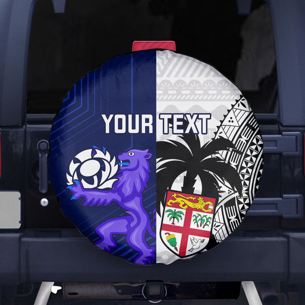 Custom Fiji And Scotland Rugby Spare Tire Cover Fijian Tapa Pattern With Thistle - Wonder Print Shop
