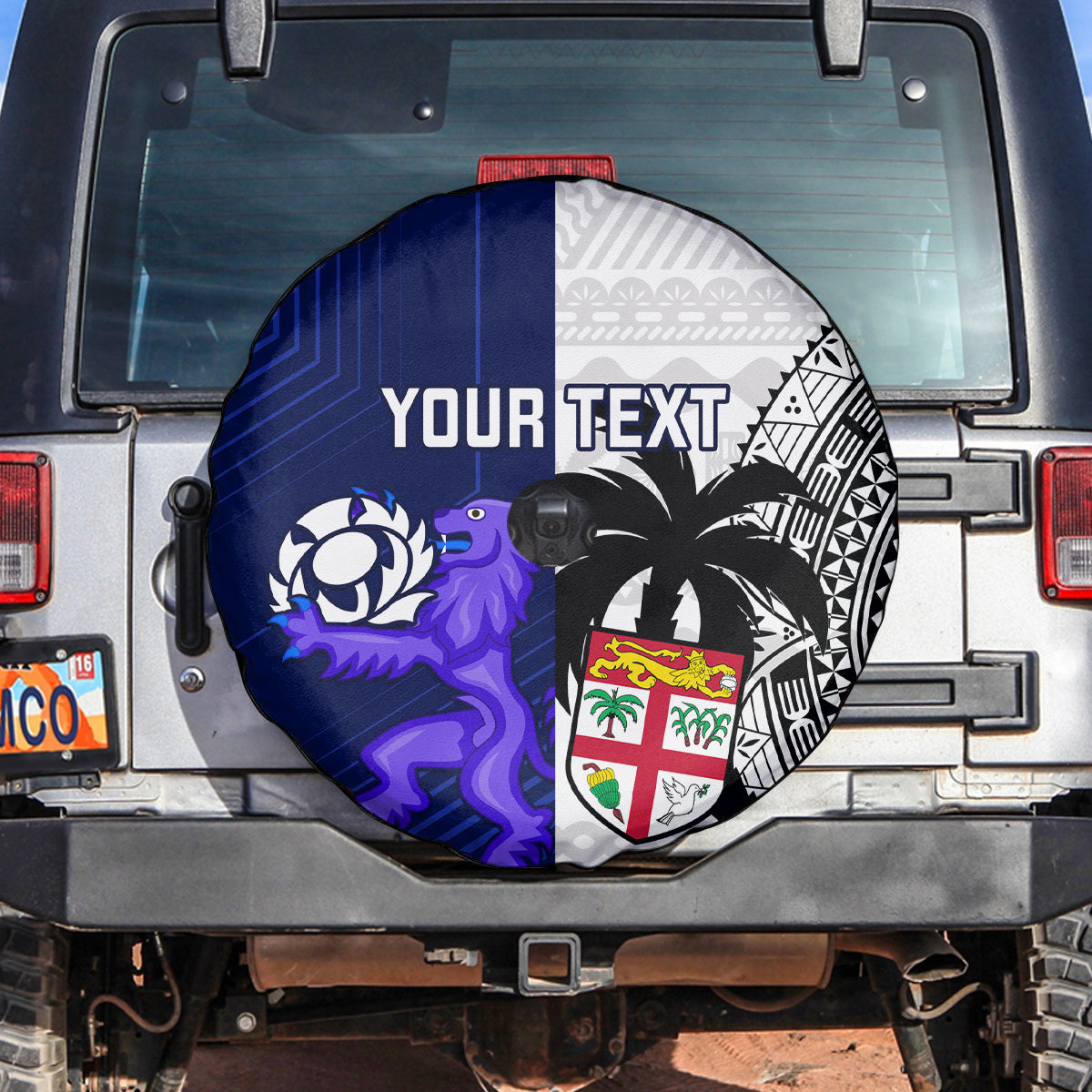 Custom Fiji And Scotland Rugby Spare Tire Cover Fijian Tapa Pattern With Thistle - Wonder Print Shop