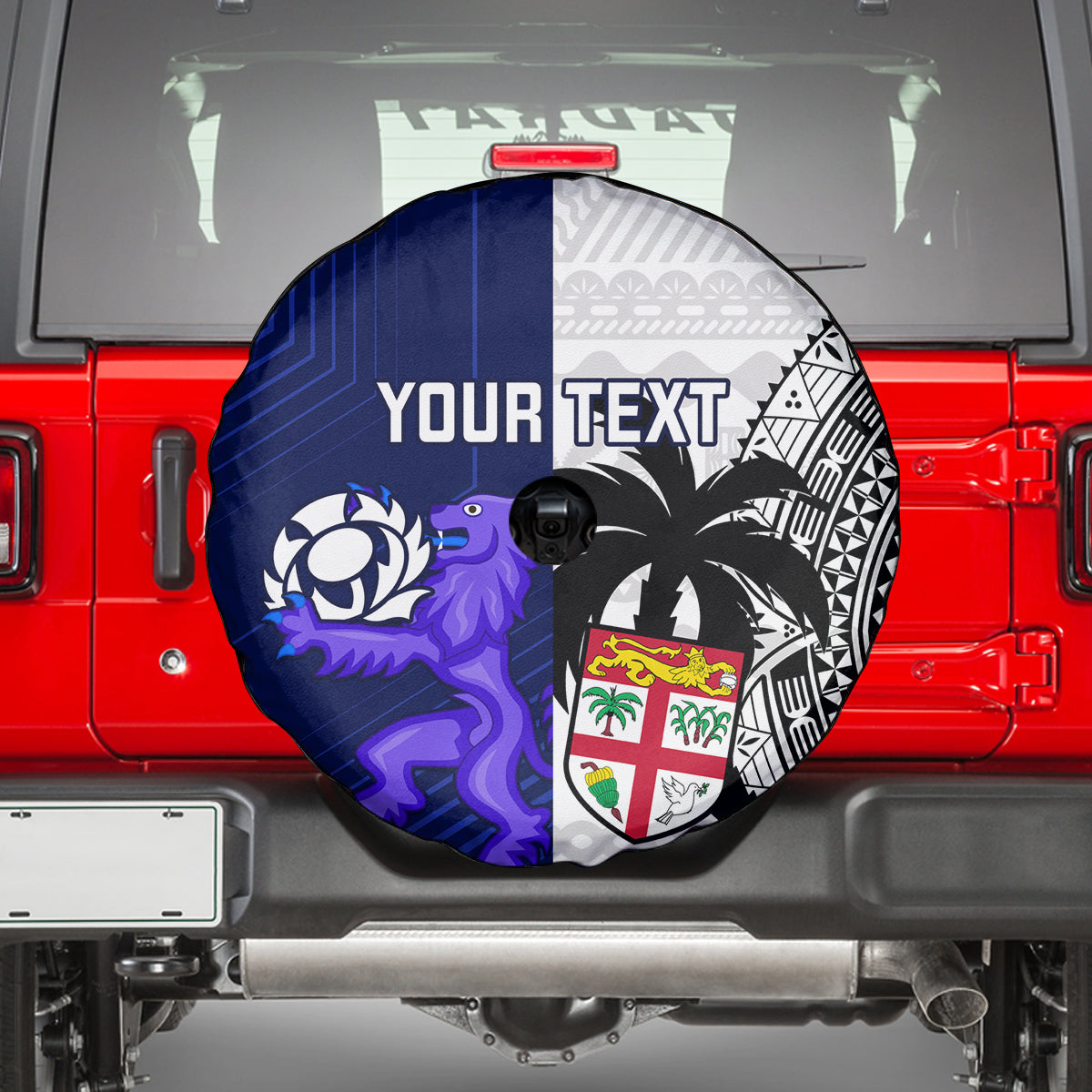Custom Fiji And Scotland Rugby Spare Tire Cover Fijian Tapa Pattern With Thistle - Wonder Print Shop
